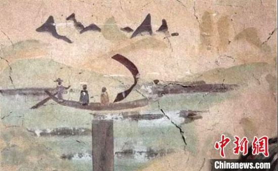 “一人搖櫓晃扁舟，兩人撐篙水上漂?！眻D為莫高窟第323窟《搖櫓帆船》（初唐）?！《鼗脱芯吭汗﹫D