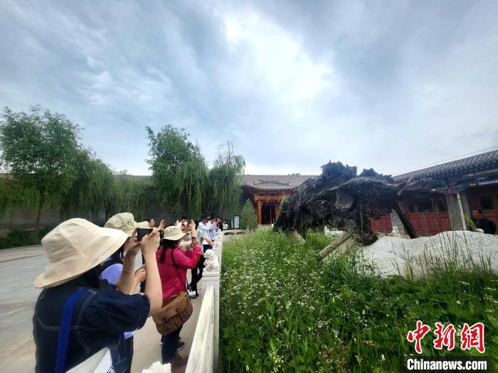 圖為媒體記者在青海永錄民俗參觀采訪。　薛蒂 攝