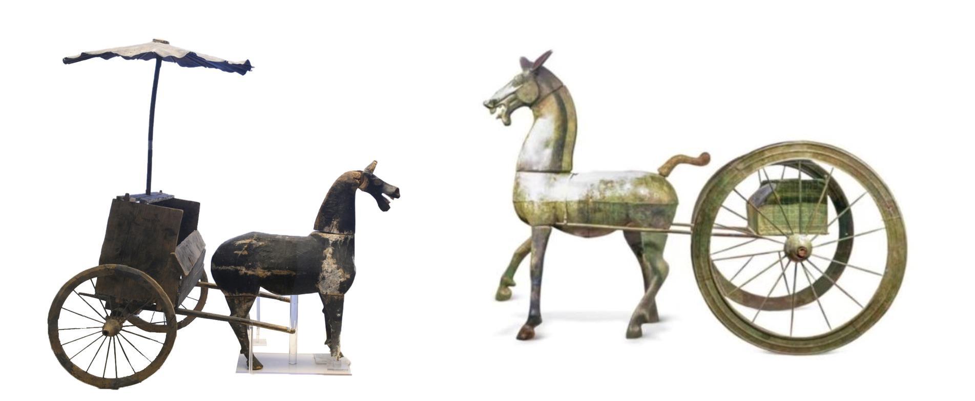 △左為漢代木軺車，藏于青海省博物館；右為東漢銅車馬，藏于黔西南州博物館。